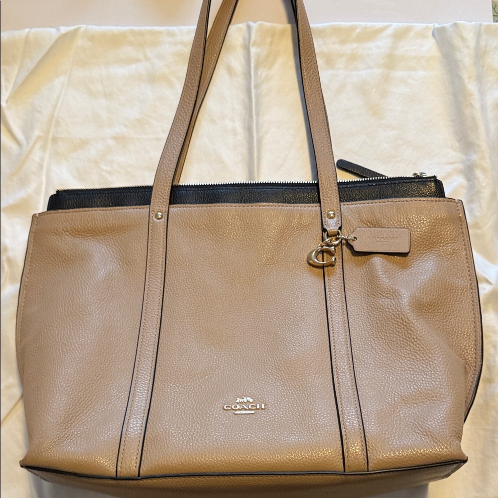 Coach Beige and Black Leather Tote